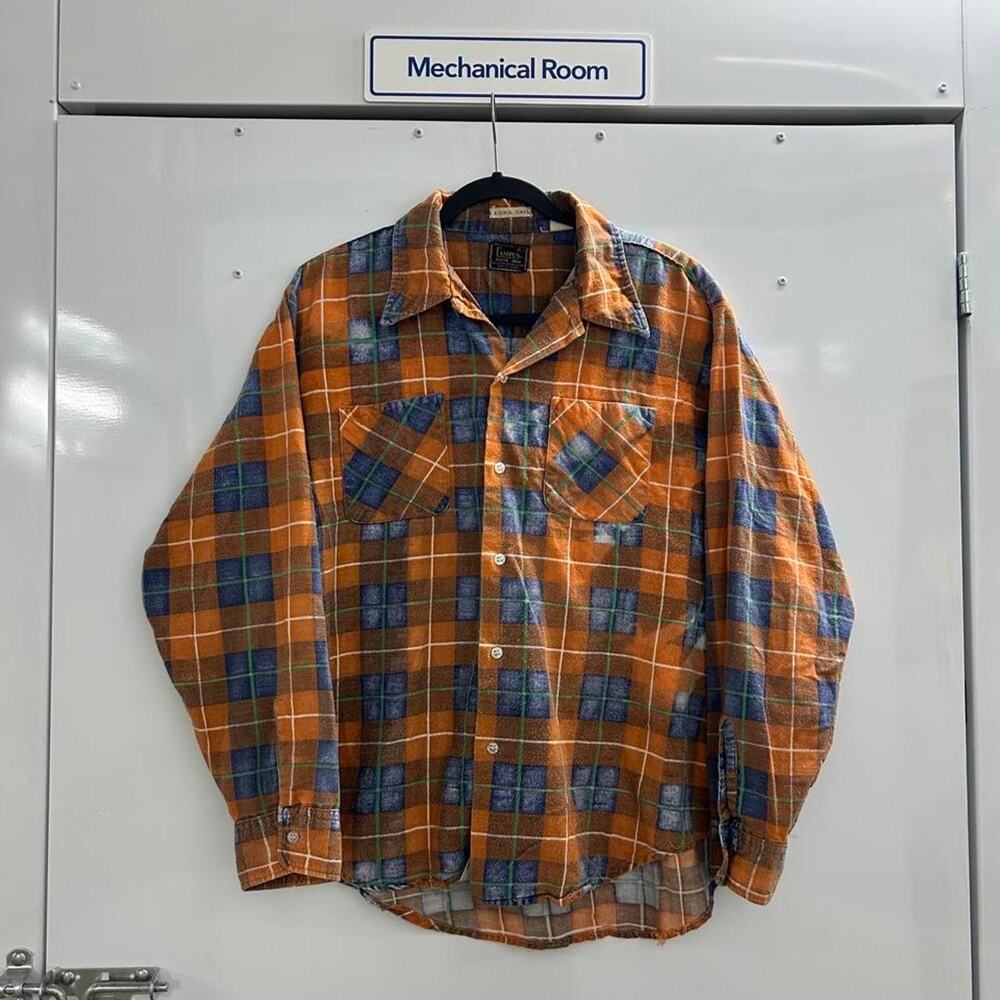 VTG 80s Faded Campus Orange & Blue Tartan Plaid Flannel Shirt